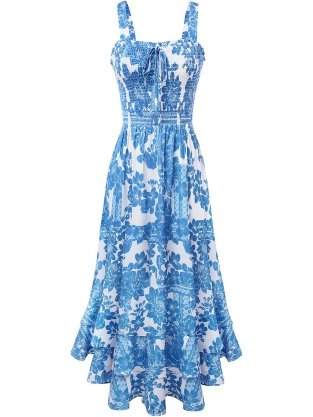 Women's White Blue Square Neck Strapped A LINE Floral Boho Long Maxi Dress